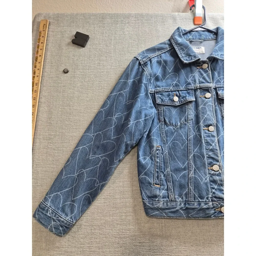 Old Navy Trucker Jacket Girls XL (14-16) Blue Allover Heart Print Button Front